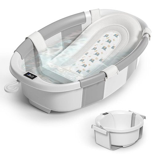 Himold Collapsible Baby Bathtub - Spacious Foldable Infant Bath Tub with Thermometer | Grey, 0-36 Months