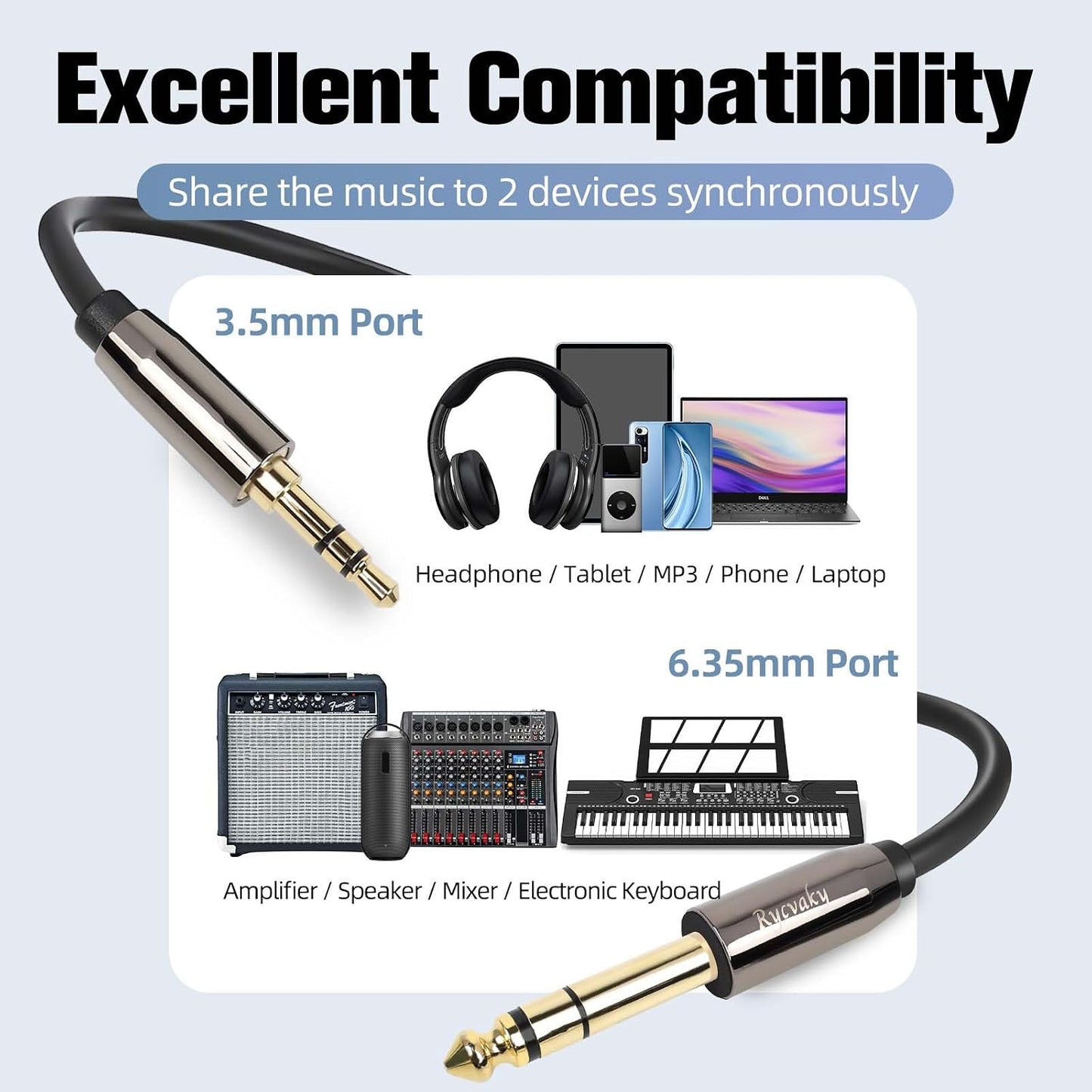rycvaky 3.5mm 6.35mm 1/4" 1/8" Connectors(25ft/1pk) to Auxiliary Audio Cable, Male to Male TRS Stereo Audio Cable