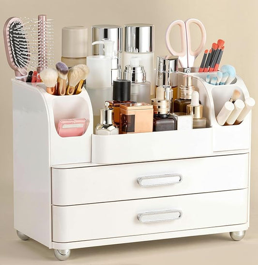 Large Makeup Organizer Countertop with Drawers, Make Up Organizer for Vanity, Makeup Storage Organizer Countertop Makeup Organizers for Skincare, All White