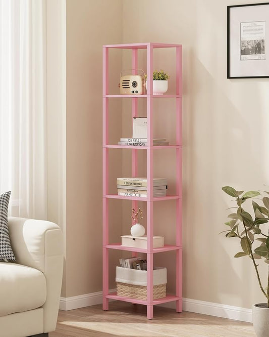TUTOTAK Bookshelf, 6-Tier Tall Book Shelf, Narrow Bookcase for Small Space, DIY Stackable Bookshelf, for Living Room, Office, Study, Entryway, Industrial, Pink BS01BP006