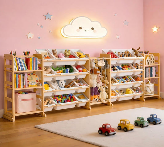 Yazzropt 114" Large Toy Storage Organizer with Bins Shelves & Stuffed Animal Storage for Kids Wood Toddler Playroom Organization with Bookshelf Toys Box Wooden Organizers for Kids Room Nursery Bedroom