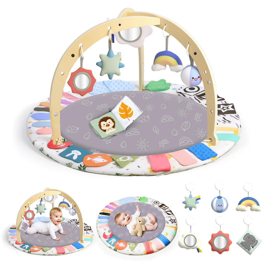 Baby Play Gym Activity Mat, WOOD CITY Tummy Time Play Mat for Babies 0-6 Months with 6 Detachable Newborn Infant Toys, Promote Motor Skills & Sensory Development Baby Essentials Gift