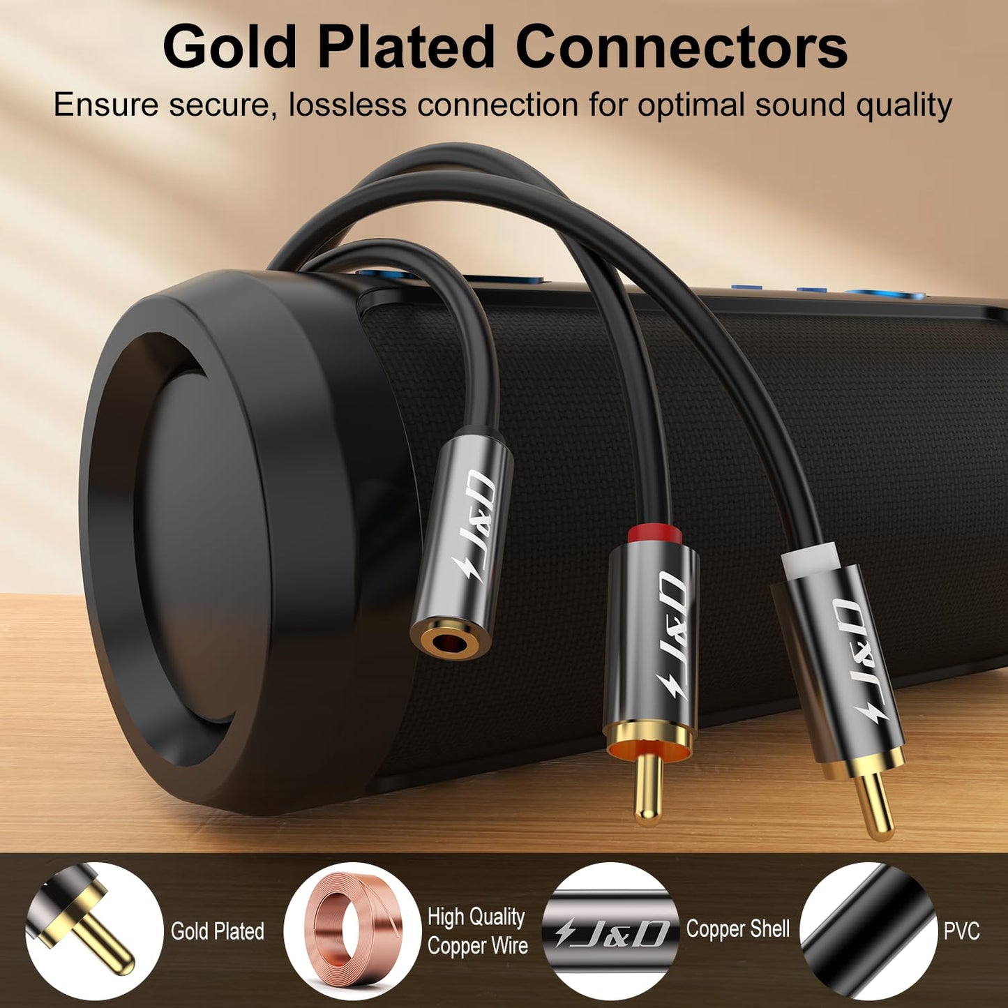 3.5mm 3.5mm 2 MP3, 2 J&D to RCA Adapter Cable, Gold Plated Female to RCA Male Stereo Audio Y Cable for Record Player