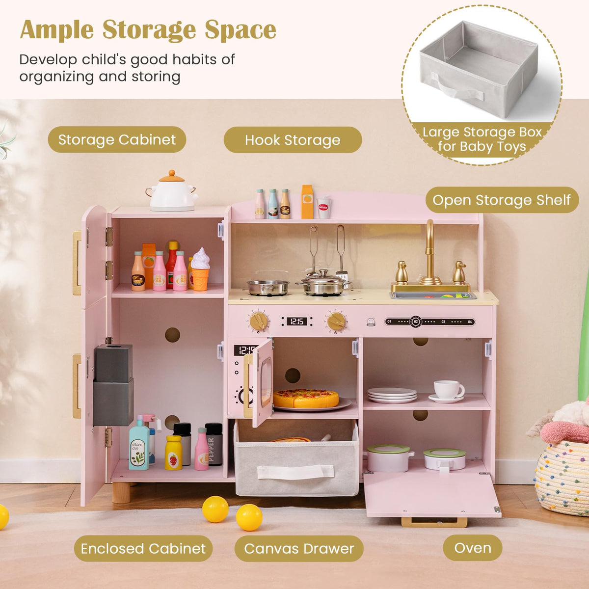INFANS Kids Kitchen Playset, Toddler Wooden Pretend Cooking Toy Set with Acrylic Drawing Board Ice Machine Dishwasher Cloth Drawer Stove Removable Sink Simulation Play Kitchen for Boys Girls