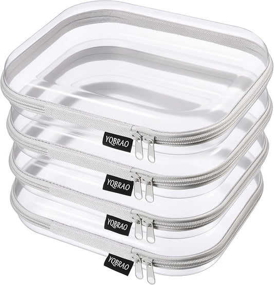 YQBRAO 4-Pack Clear Diaper Bag Organizer Pouches, 1.2mm Ultra-Thick PET Travel Pouches for Toiletries & Makeup, Rigid Self-Standing Bags with YKK Zippers, TSA Approved (Gray)