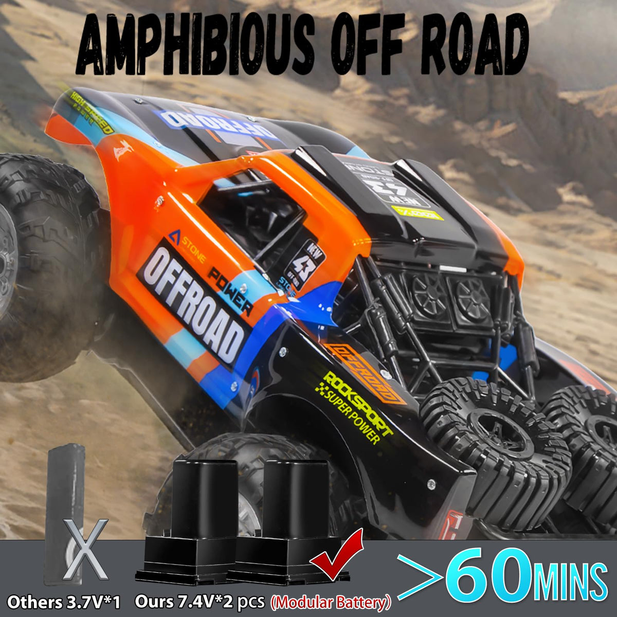 KB KAIBO Q205 1:12 Large Amphibious Remote Control Car - Waterproof RC Monster Truck with Waterproof Controller & 2 Modular Batteries for 60+ Min Play, 7.4V 4WD All Terrain Toy for Kids Adults-Blue