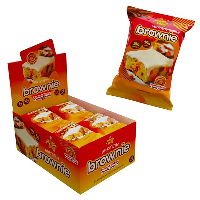Prime Bites Protein Brownie from Alpha Prime Supplements | High Protein, Collagen Fortified Low Sugar Treat | Delicious Snack | 12 Bars per Box (Peanut Butter Candy Crunch)