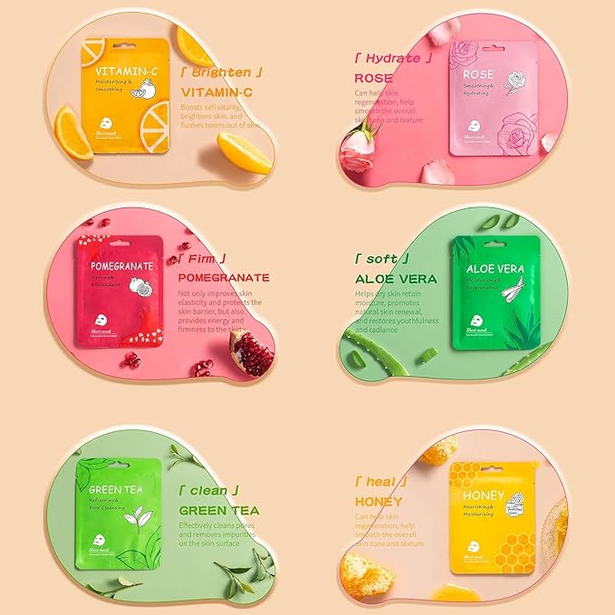 24 Pack Sheet Face Masks Skincare for All Skin Types, Hydrating Face Mask Beauty Suitable for Sensitive Skin, Birthday Party Spa Gift for Kids Teens Girls