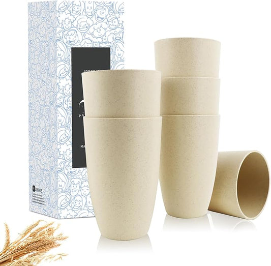 PYRMONT Wheat Straw Cups 20 Oz Alternative Plastic Cups Set of 6 Unbreakable Big Cups for Kitchen Dishwasher & Microwave Safe Large Water Cups for RV,Office-Beige
