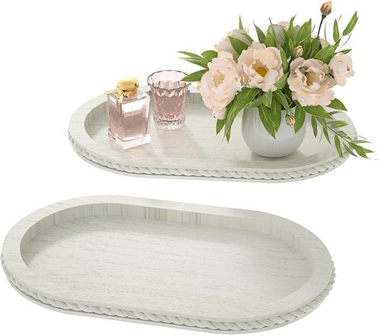 Urban Deco Oval Wooden Decorative Tray Set of 2, Farmhouse Vintage Decorative Tray Stand for Coffee Table, White Serving Tray for Living Room Kitchen Home Decor - 2 Pack