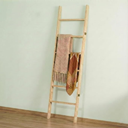 Blanket Ladder for Living Room 6-Tier, Wooden Decorative Quilt Holder for Bed Room, Wall-Leaning Towel Rack for Bathroom, Decorative Blanket Ladder Wood for Home Decor & Display (Light Wash)