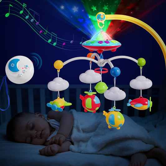 Mini Tudou Musical Baby Crib Mobile Toy with Lights and Music, Star Projector Function and Cartoon Rattles, Remote Control Musical Box with 108 Melodies, Toy for Newborn Sleep