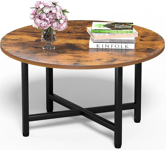 FAMIDGE Round Coffee Table, 23.6" Small Coffee Tables for Living Room, Circle Coffee Table with Metal Frame, Floor Table Desk for Sitting on The Floor, Home, Office, Rustic Brown