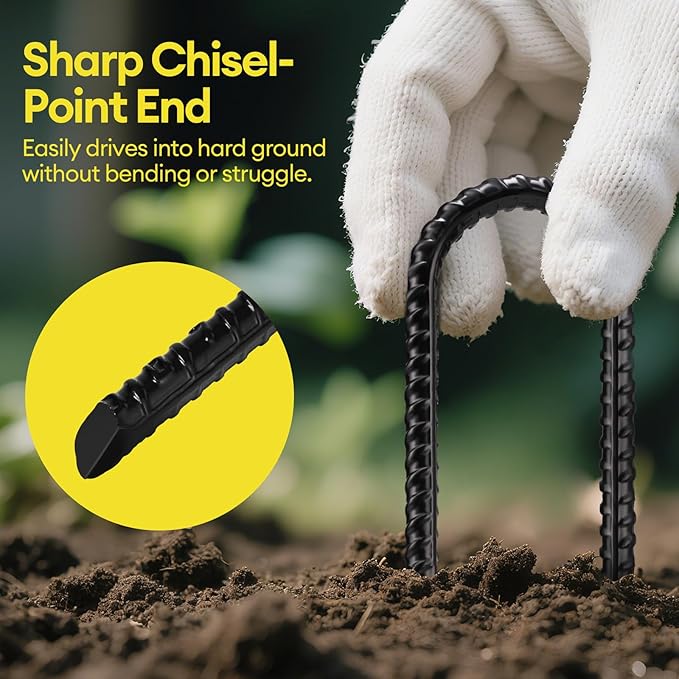 12 Inch Rebar Stakes Heavy Duty 20 Pack, U Shaped Ground Stakes, Galvanized Steel Trampoline Stakes, Tent Anchor Kit Anti-Rust, Drip Hose Wind Stakes, Black