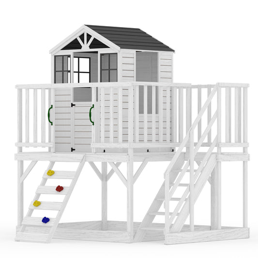 2 Story Wooden Playhouse with Climbing Wall, Outdoor Wooden Playhouse with Step Ladder, Elevated Modern Cedar Playhouses Kids