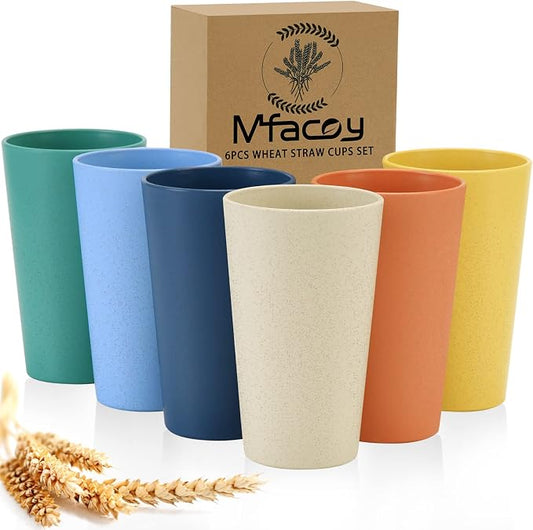 Mfacoy Wheat Straw Cups Set of 6, 20 oz Unbreakable Reusable Stackable Tumbler Water Cup Set for Kitchen, BPA Free, Dishwasher & Microwave Safe, Cups with 6 Colors