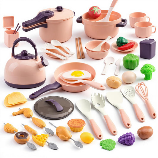 60Pcs Kids Mini Play Kitchen Accessories, Pretend Cooking Play Set with Cookware, Tableware & Fruit & BBQ Sets, Learning Gift for Boys, Girls, Toddlers,Pink