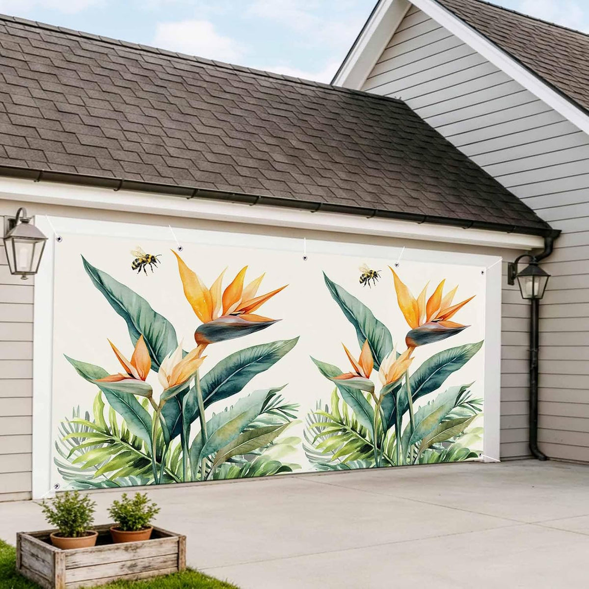 Jimehezon 8x6.9ft Summer Grommets Bird of Paradise Garage Door Banner Tropical Plant Bee Flower Botanical Garage Door
