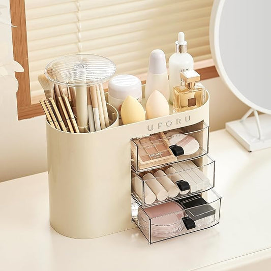 UFORU Makeup Organizer with Pop-Up Brush Holder for Dresser Vanity, Plastic Bathroom Counter Organizer with 3 Drawers & Dust-Proof Cover, Cosmetic Display Case for Lipstick, Skincare, Cream White