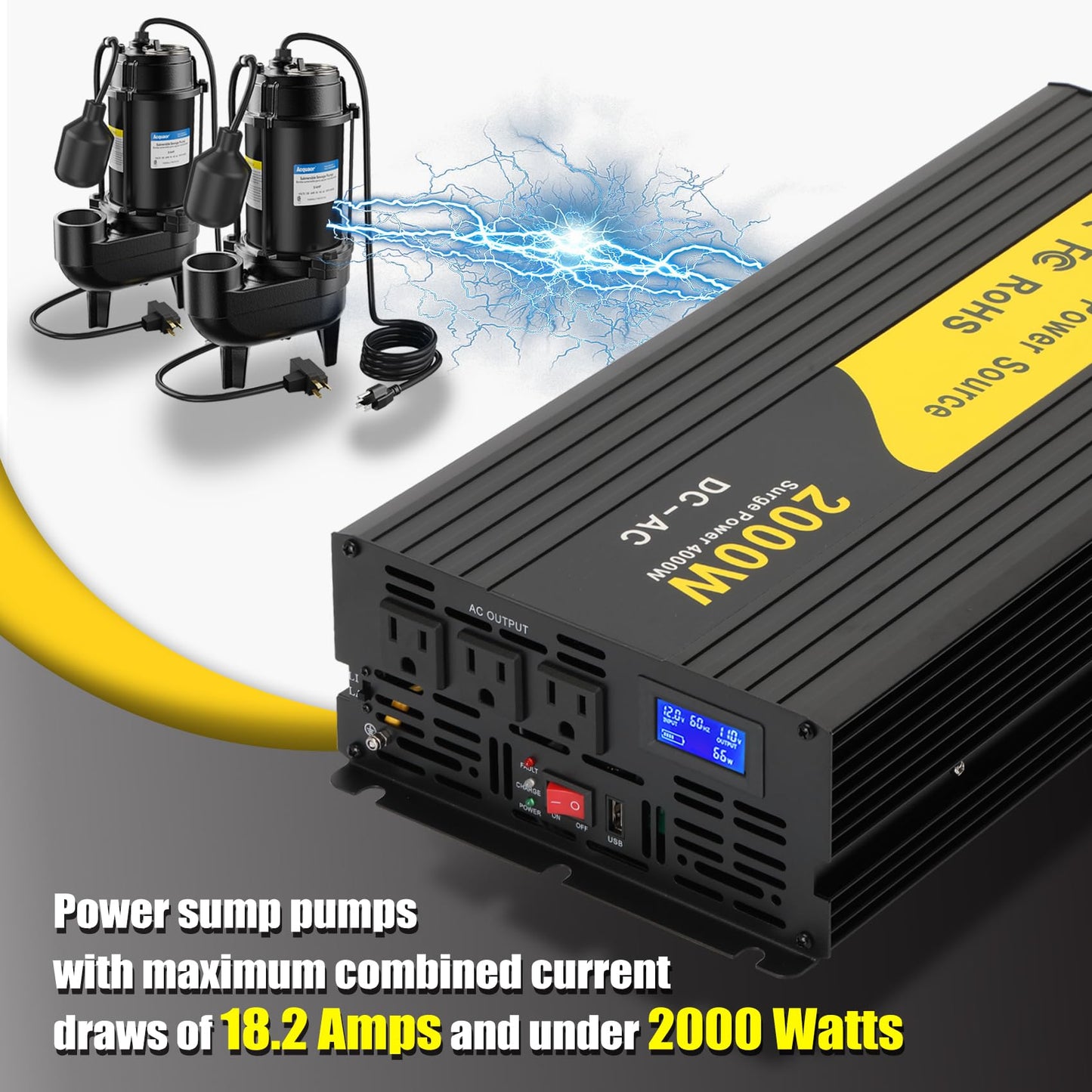 Miumoon 2000W Primary Sump Pump Backup System, Basment Protection Backup Inverter, Black, LCD Display, Auto Switches for Continuous Sump Pump Operation, Basement Emergency and Power Outage Backup