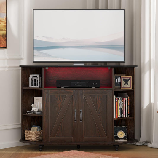 4 EVER WINNER Corner TV Stand, Farmhouse Corner TV Cabinet with LED Lights for 50 Inch, Adjustable Shelves, Corner TV Stand with Storage, Barn Doors for Living Room, Brown and Black