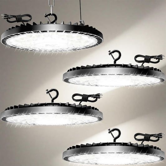 320W 4 Pack UFO High Bay Light LED Shop Lights, 45000LM Ultra Bright Plug & Play LED Garage Lights, 6500K IP65 Waterproof Industrial Lamp w/ 6.6ft Power Cord for Warehouse Workshop Factory Gym Barn