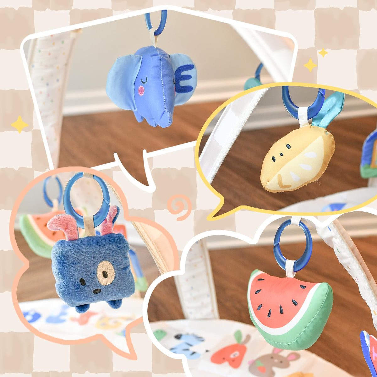 Baby Play Gym & Activity Mat with Light-up Musical Arch, Washable Tummy Time Mat with 6 Detachable Sensory Toys for Motor Skills, Baby Essentials Shower Gift - ABC123
