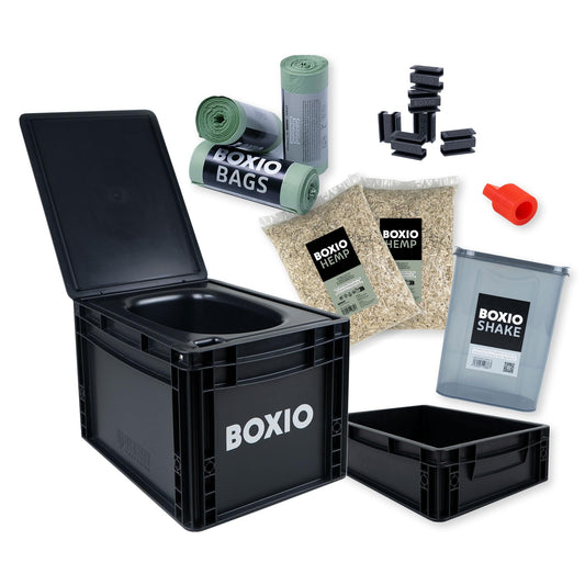 BOXIO Toilet MAX+ Complete Set, Mobile Separator Toilet, Compact Camping Toilet 40 x 30 x 28 cm, Includes Toilet UP Seat, Plug, 3 x Bags, 2 x Hemp Litter, 6 Clips Black