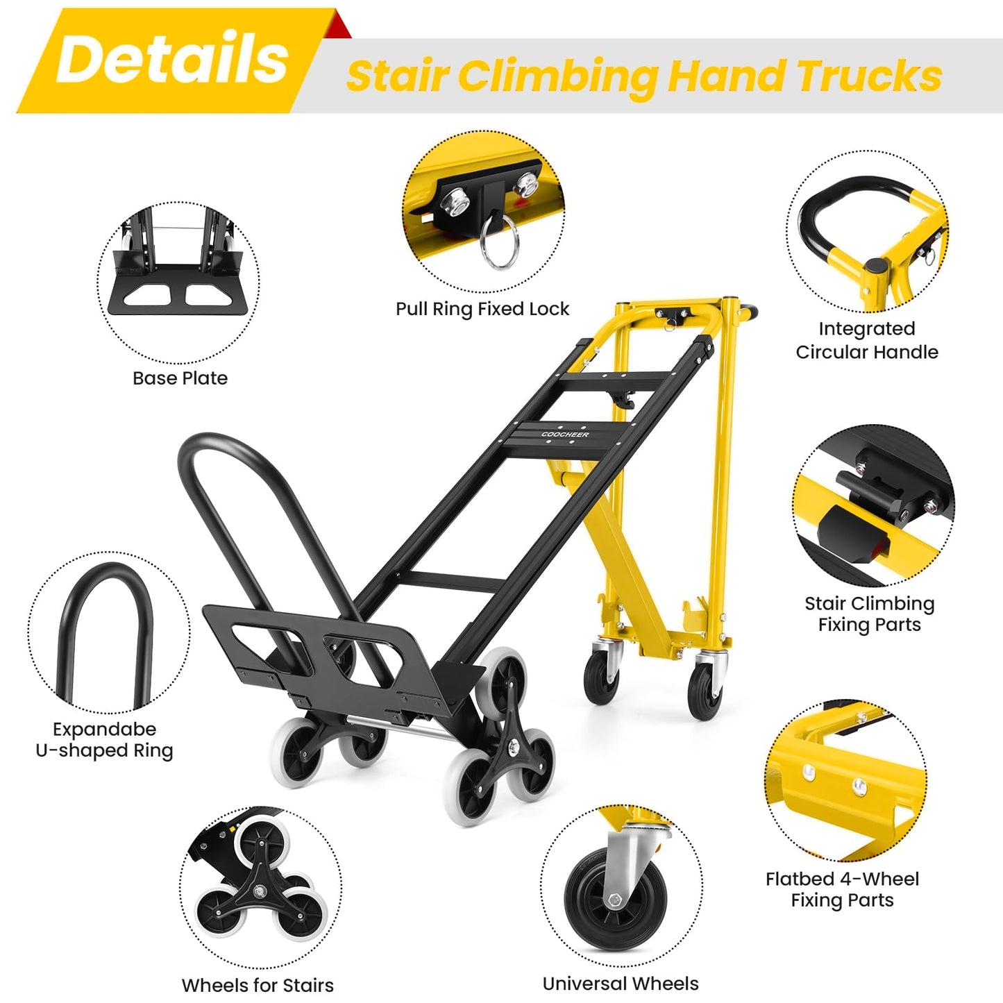 1000LBS Stair Climbing Hand Truck, 3-in-1 Folding Aluminum Dolly, Heavy Duty Convertible Cart for Warehouse, Home, Office & Transport Moving(Yellow)