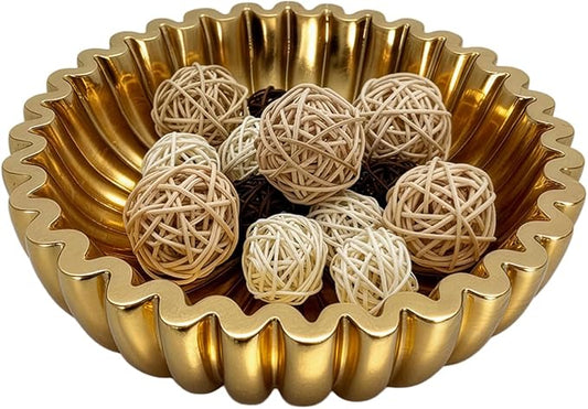 Large Modern Ruffle Bowls, Artificial Stone Decorative Catch All Bowl for Kitchen Counter and Entryway Table, Handcrafted Fruit Bowls and Key Bowl for Home Decor(Golden)