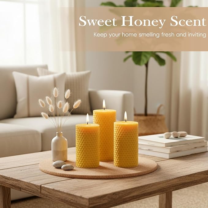 4 Packs 3x6 Inch Beeswax Candles, Large Honeycomb Beeswax Pillar Candles, 45 Hours Burn Time, Natural Pure Bees Wax Candle Handmade Gift for Home Decor, Candle Lovers, Air Purify