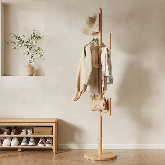 Muwuele Solid Wood Cactus Coat Rack, Freestanding Coat Rack With 6 L-Shaped Hooks and 3 Adjustable Sizes, Coat Tree for Bedroom, Entryway, Livingroom, Coat Hanger Stand for Coats, Handbags (Natural)