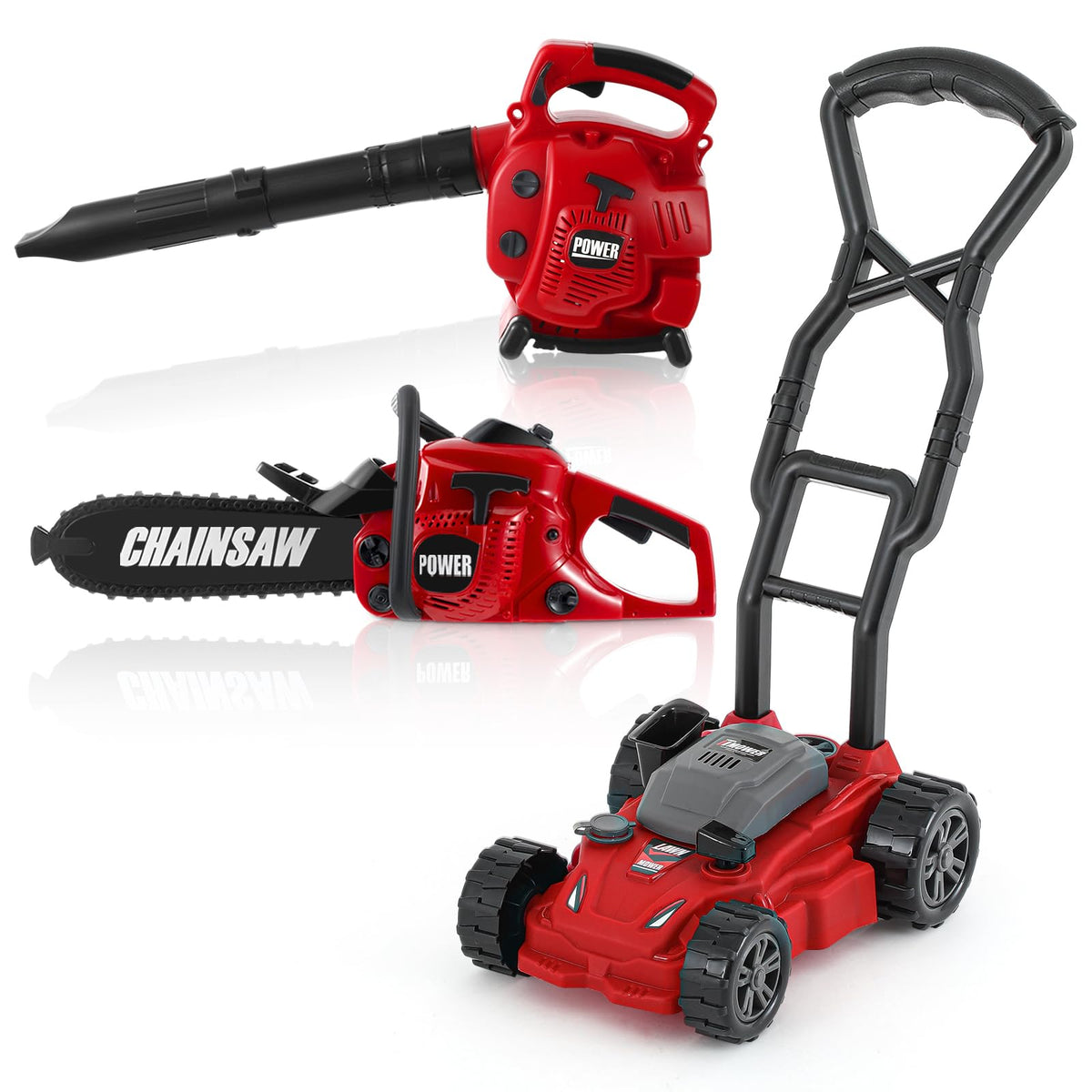 Arrowbash 3-in-1 Kids Gardening Toy Set, Toy Leaf Blower & Chainsaw & Push Lawn Mower with Realistic Sound, Outdoor Backyard Play Educational Learning Birthday Summer Gift for 3-8 Boys Girls