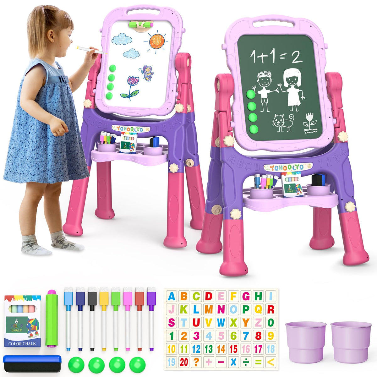 YOHOOLYO Kids Easel Standing Art Easel for Kids, Double Sided Children Pink Purple Easel Magnetic Chalkboard Whiteboard Dry Eraser Board Great Gift for Girls