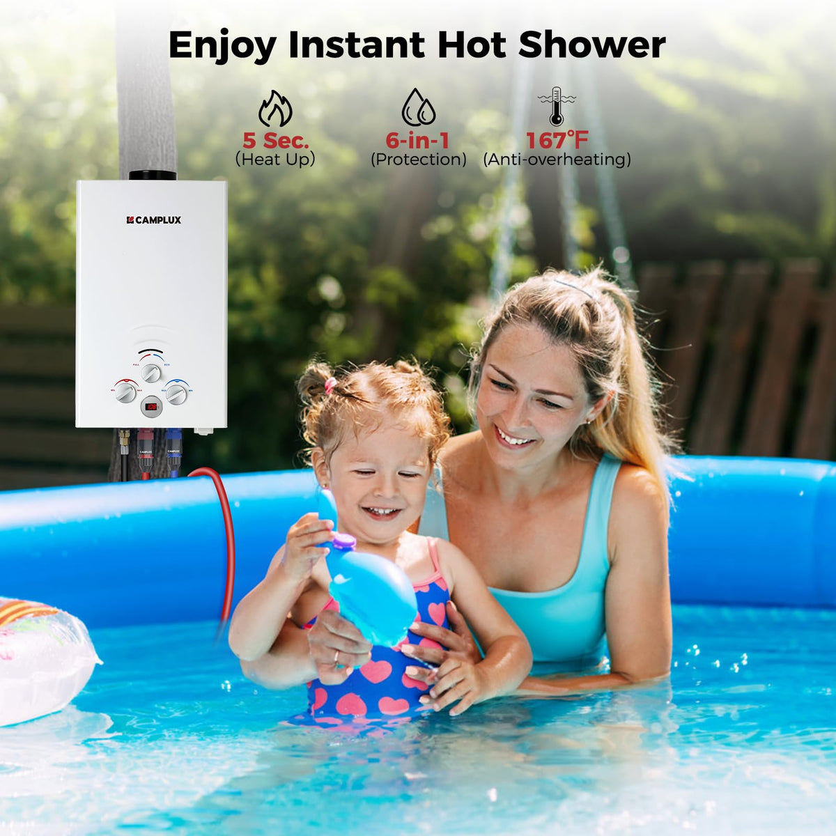 CAMPLUX 2.64 GPM Propane Portable Gas WaterHeater, 68,000 BTU Outdoor Tankless CampingWater Heater with Digital Display, White,BW264