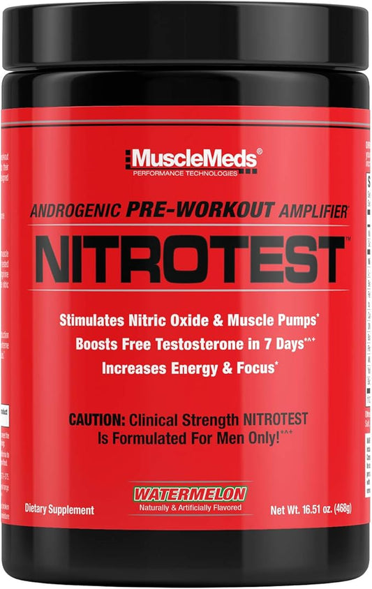 MuscleMeds Nitrotest Pre-Workout Supplement Drink, Boost Nitric Oxide, Testosterone, Watermelon, 30 Servings, 1.03 Pound, 1 Count