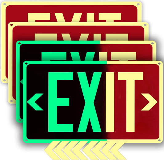 4Pack Photoluminescent Exit Sign Red, 14"x 10" Aluminum Glow In The Dark Exit Signs with Strong Adhesive Backing and 8pcs Removable Directional Arrows Glow In The Dark,Easy to install