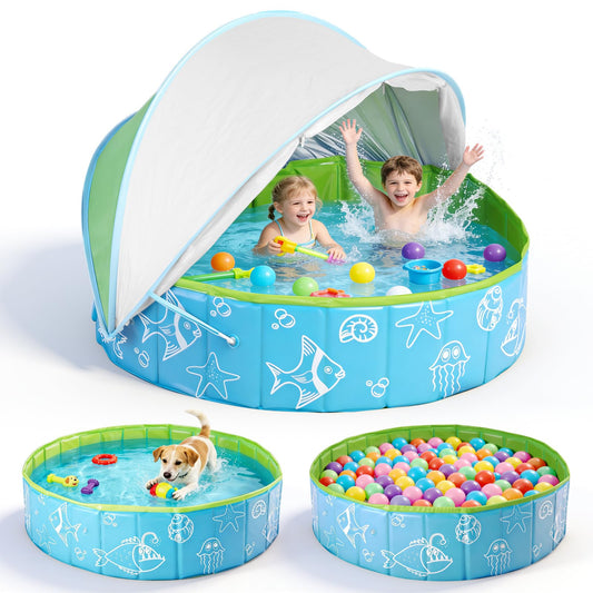 47"‌ Foldable Kiddie Pool with Canopy, Suitable for Toddlers and Babys Aged 1-5 Years, Designed for Use in Backyard, Beach, Park, Blue and Green(No Sprayer)