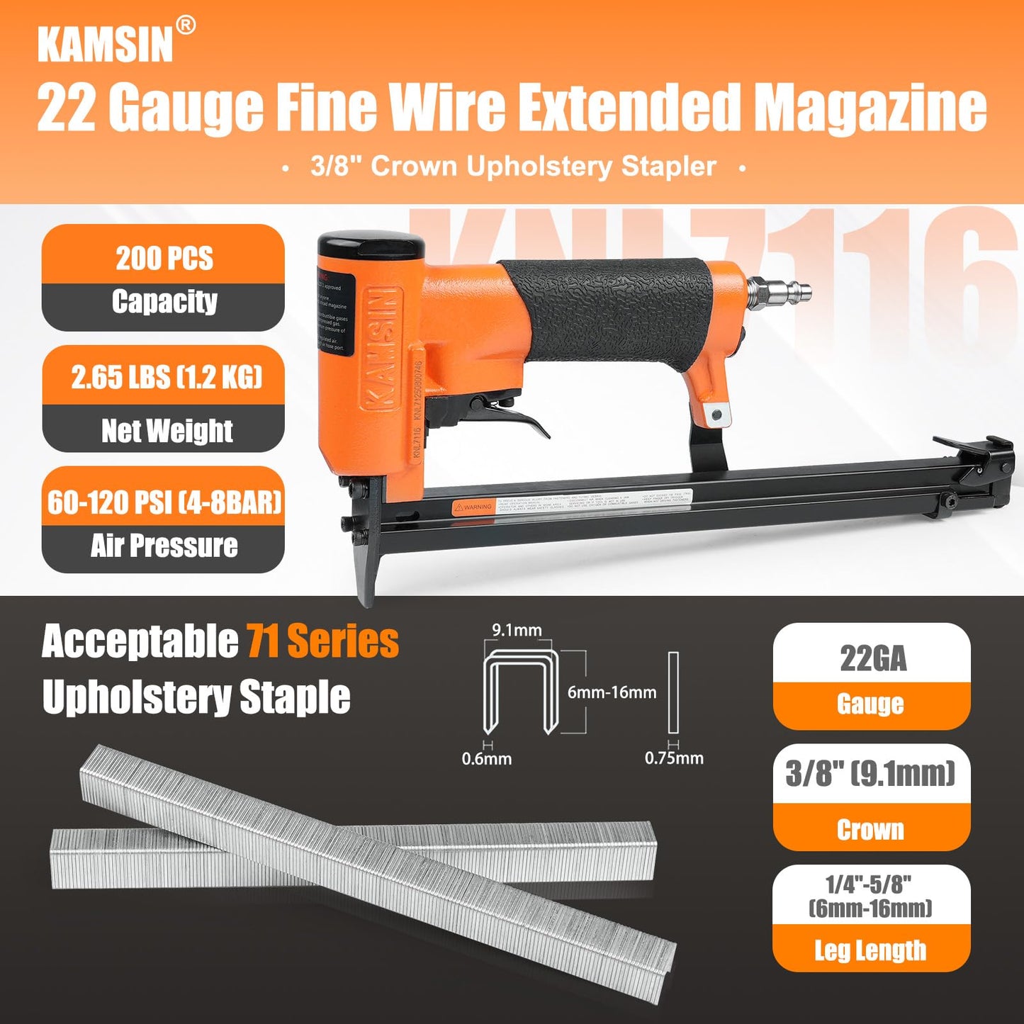 KNL7116 22 Gauge Extended Long Magazine Pneumatic Upholstery Stapler, 3/8-Inch Crown, 1/4-Inch to 5/8-Inch Leg Length, High Capacity Fine Wire Stapler Gun for Furniture and Fabric Attachment