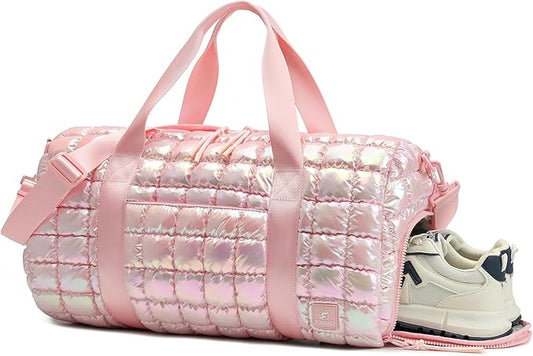 Quilted Duffel Bag for Women, Puffer Gym Duffle Bag with Shoe Compartment Lightweight Large Crossbody Sport Travel Bag Tote Pink Abalone