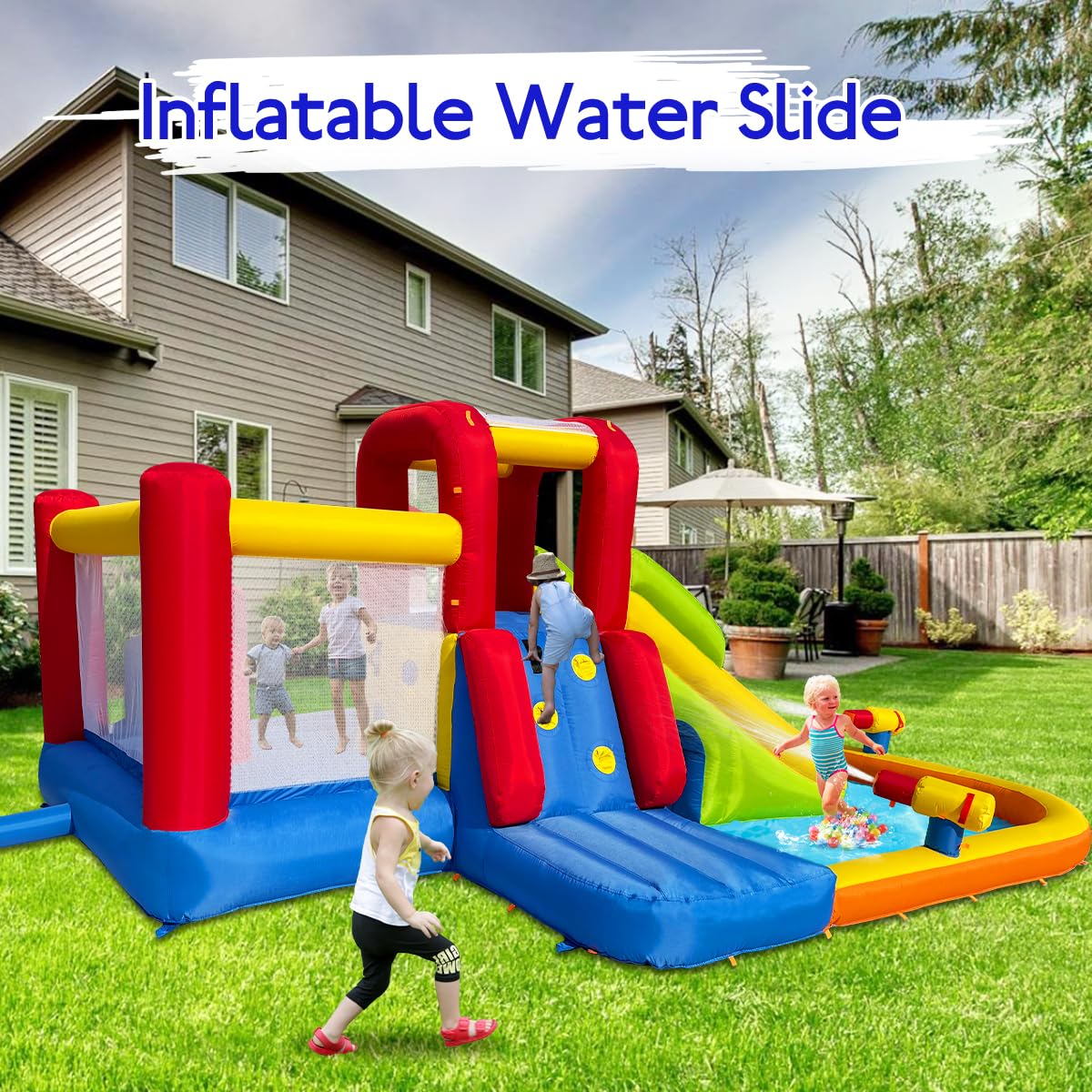 Hongcoral Inflatable Water Slide Bounce House for Kids, 12-In-1 Water Park with Splash Pool, Double Cannons, 2 Climbing Walls, Tunnel, Obstacles, Blow Up Jumping Castle With Blower
