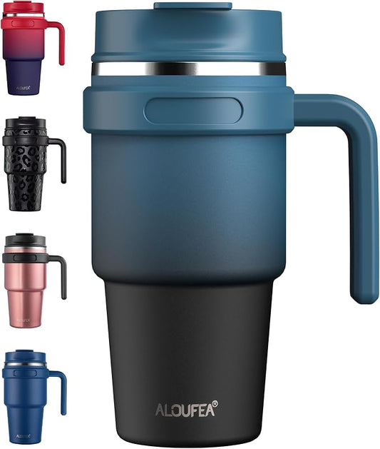 20 oz Insulated Coffee Mug Tumbler with Handle, Stainless Steel Travel Mug Tumbler with Lid and Straw,Double Wall Vacuum Leak Proof Ice Coffee Thermal Cup, Indigo Black