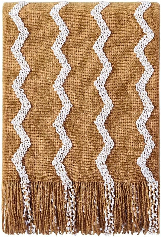 BOURINA Fluffy Chenille Knitted Fringe Throw Blanket Lightweight Soft Cozy for Bed Sofa Chair Throw Blankets, 60" x 80",Mustard