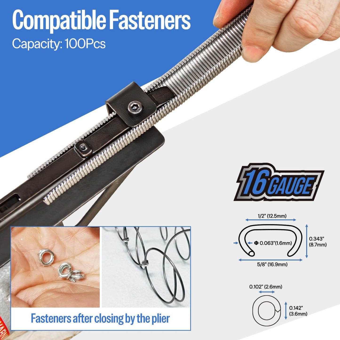 meite SC760C-I2 Pneumatic Hog Ring Gun with 3600PCS 16GA Hog Rings, 16 Gauge 1/2" Crown Hog Ring Pliers, 2.6-3.6 mm Closure, Upgrade Trigger Air C Ringer Pliers for Fencing, Bag Closing