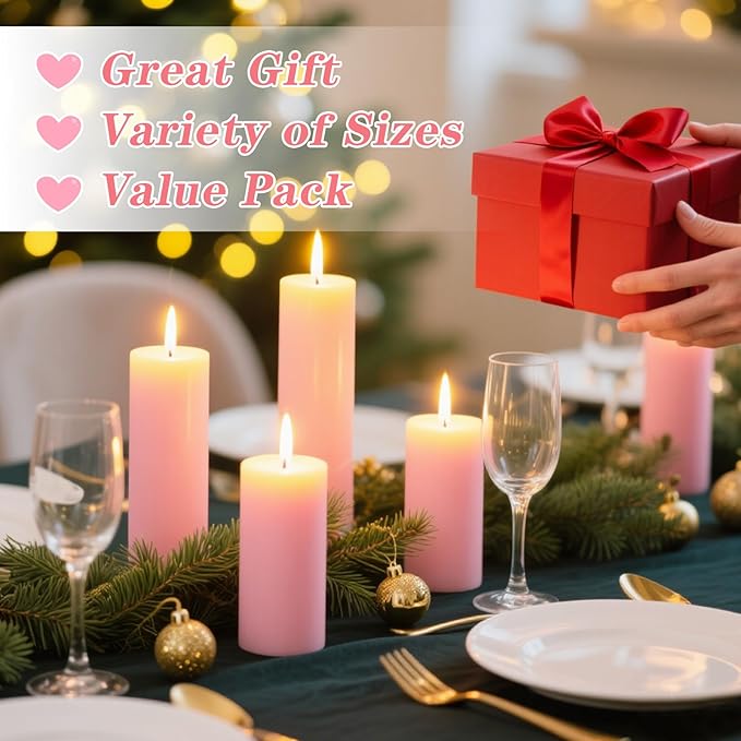 36 Pcs Pink Pillar Candles Bulk Set，Hurricane Candlesï¼? Different Lengths (12 Each)，Dripless Unscented Smokeless，Gives You a Better Atmosphere When Organizing Wedding or Event Party.