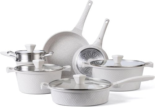 Country Kitchen Non-Stick Cast Aluminum Cookware Set - Durable 11-Piece Kitchen Essentials in Cream Rhombus