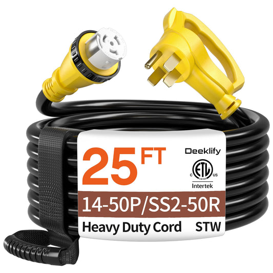 25FT 50 Amp Generator Cord, NEMA 14-50P/SS2-50R Heavy-Duty 4 Conductors Cable, Pure Copper STW RV Extension Cord, Female Plug with Twist Lock, Suitable for RV or Camper, ETL Listed