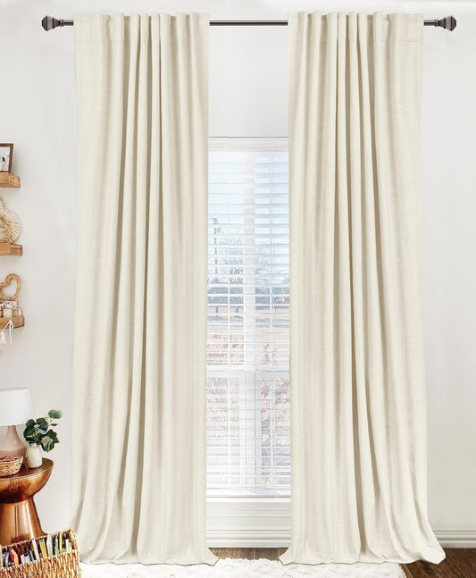Skiennix 100% Blackout Linen Curtains - Thermal Insulated Drapes for Bedroom | 50" W x 84" L, Light Cream