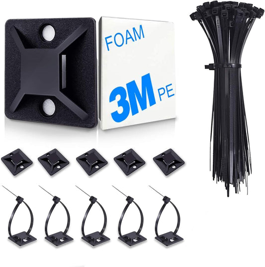 4/5" 100 Pack HUASAI Zip Tie Mount With Cable Ties,Self Adhesive-backed Mounts for Wire Holder, Black Cable Management