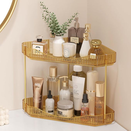 Lifewit 2-Tier Corner Bathroom Counter Organizer, Plastic Makeup Skincare Organizers Storage Countertop, Large Sink Cosmetic Perfume Shelf for Bedroom, Dresser, Kitchen, Vanity, Gold, 25 cm/10inch(H)